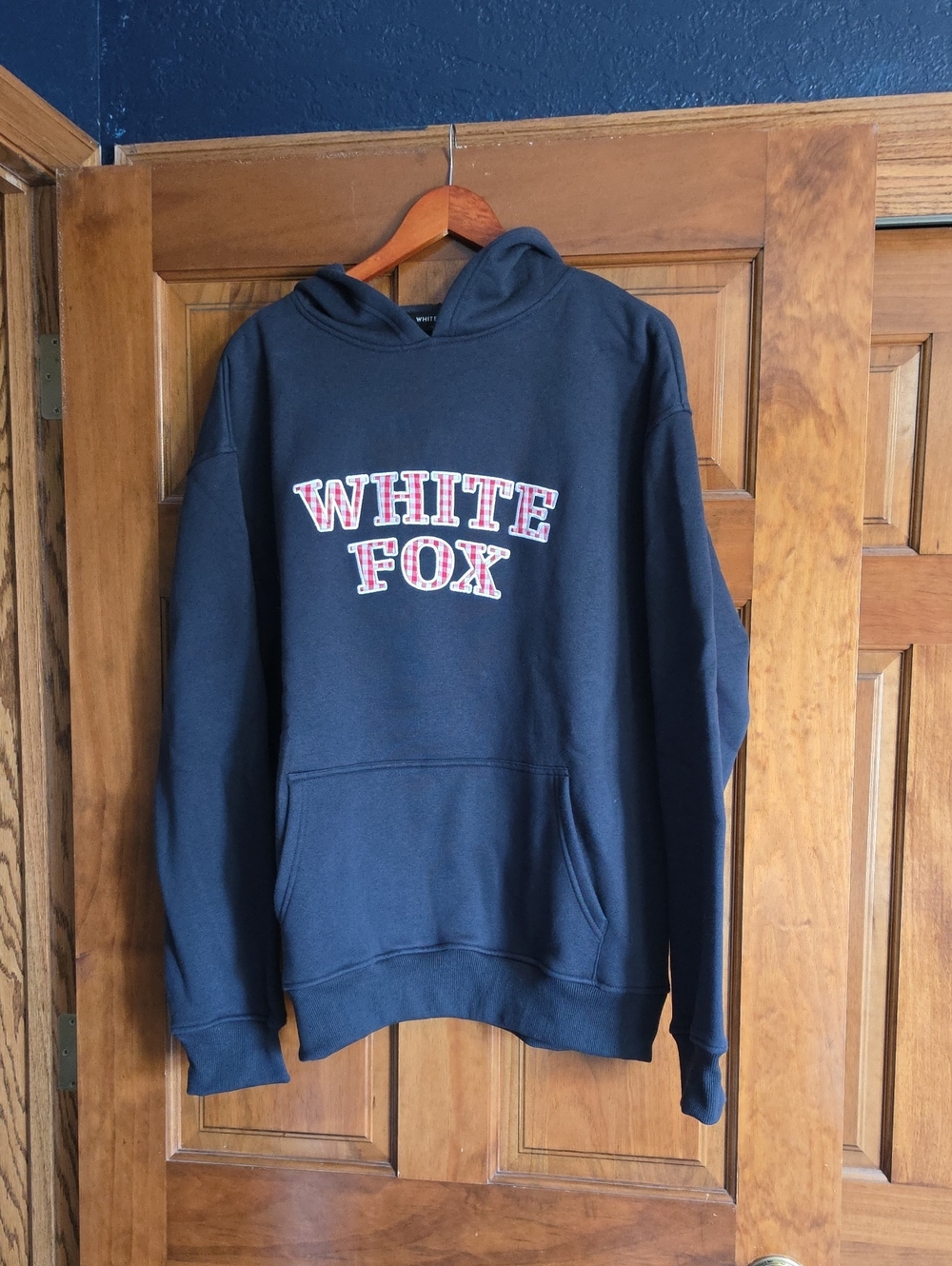 White Fox Boutique Navy Logo Hoodie with Plaid Accent Embroidered